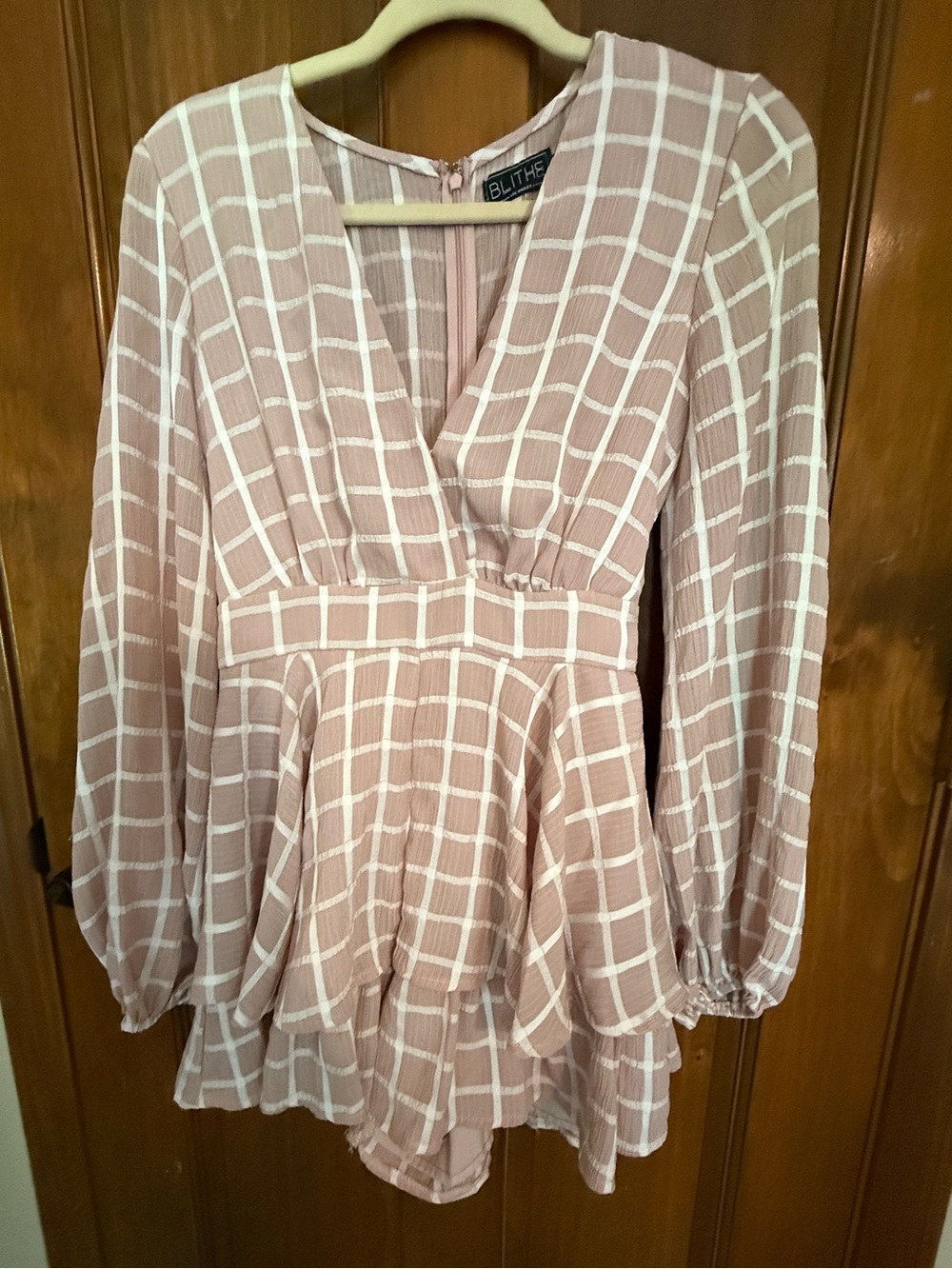 Blithe Mauve Windowpane Peplum V-Neck Bodysuit